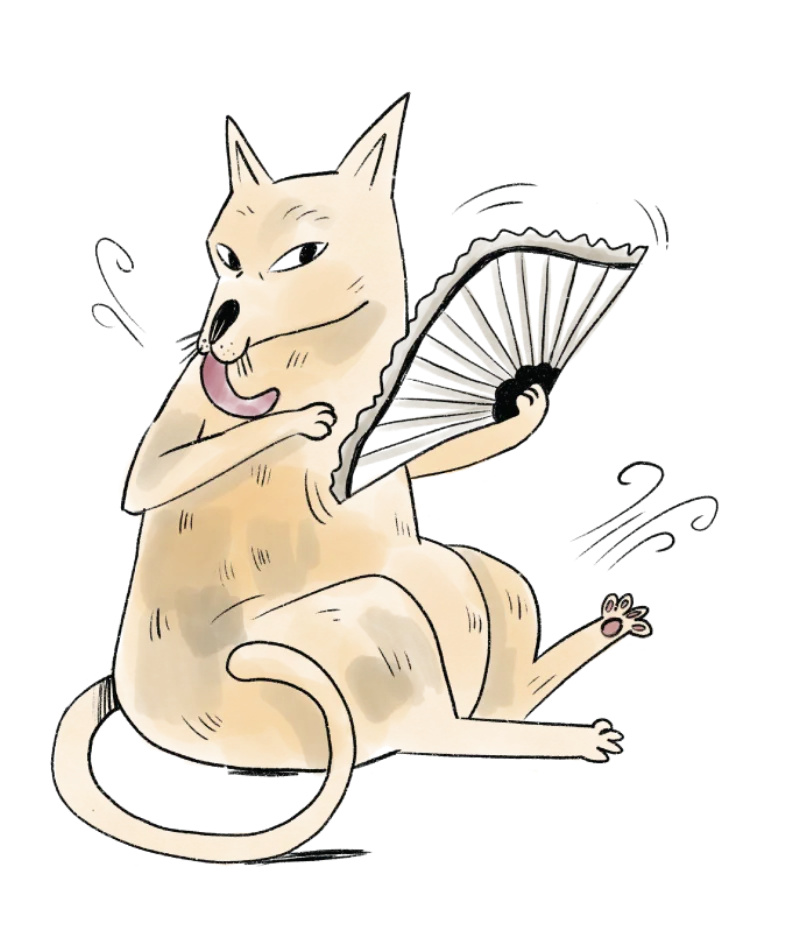 A hot cat licking itself and fanning with a paper fan